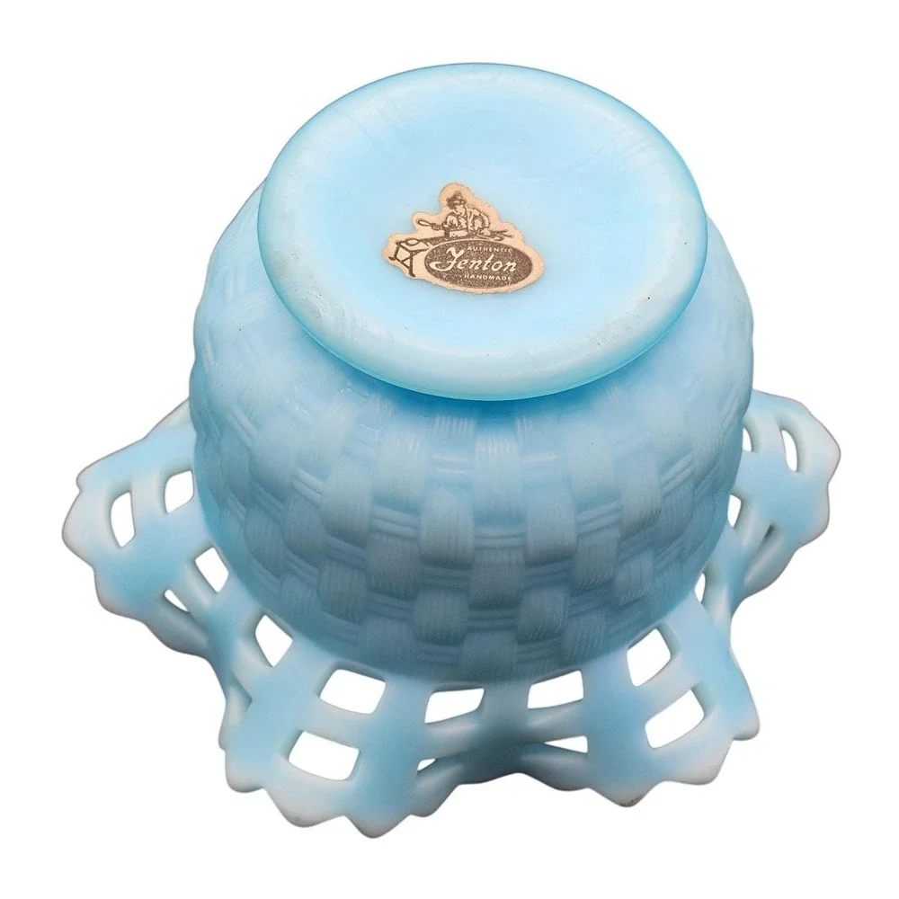 Fenton Light Blue Satin‎ Finish Glass Basketweave Bowl Open Lace Ruffled Rim